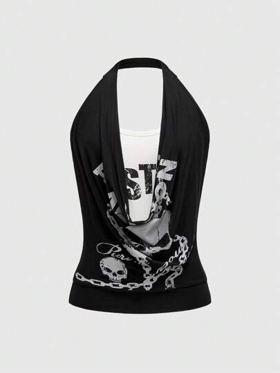 Grunge Punk Camiseta de tirantes con cuello de capas y gráfico de calavera, estilo Harajuku Punk Edgy para mujeres