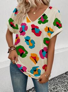 SHEIN VCAY Women's Casual V-Neck Short Sleeve Flower Printed T-Shirt With Cuff Detail - Multicolor - View 4