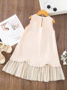 SHEIN Elladie kids Young Girl' Elegant 3D Pearl Flower Mesh Asymmetrical Hem Sleeveless Dress, Spring/Summer - Beige - View 2