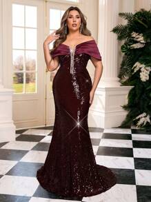 Glamrae 加大码优雅酒红色亮片露背高开衩美人鱼晚礼服，水钻装饰露背礼服，适合婚礼、舞会、派对舞会礼服，女士，婚礼宾客 - 酒紅色 - 查看 6