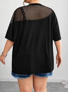 SHEIN CURVE+ 大码网眼拼接宽松不对称领口 T 恤，春夏/大码 T 恤/图案 T 恤 - 黑色 - 查看 2