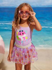 BABY SHARK X SHEIN 年轻女孩鲨鱼图案不对称领口连体泳衣和全身印花裙套装