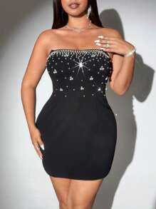 Viva Relle 大码女式性感派对珍珠和水钻装饰露肩修身中长连衣裙 - 黑色 - 查看 5