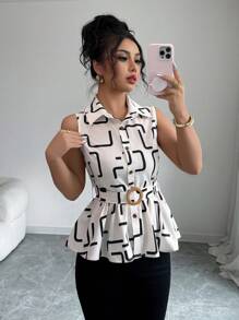 Elenzga Fashionable New Geometric Pattern Sleeveless Waist Ruffle Hem Summer Elegant Resort Women Shirt - Multicolor - View 6