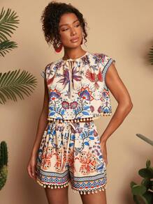 Travachic Women 2pcs Set: Woven Printed Crop Loose Shirt & High Waist Wide Leg Shorts,Summer Outfits For Women,Beachwear,Spring And Summer,Easter,Holiday Outfits,Beach Outfits For Woman,Spring Break,Vacation Outfits Women,Concert Outfit Women,BOHO,Bohemia,Music Festival,4th Of July Outfits,Tropical Vacation Woman Clothes