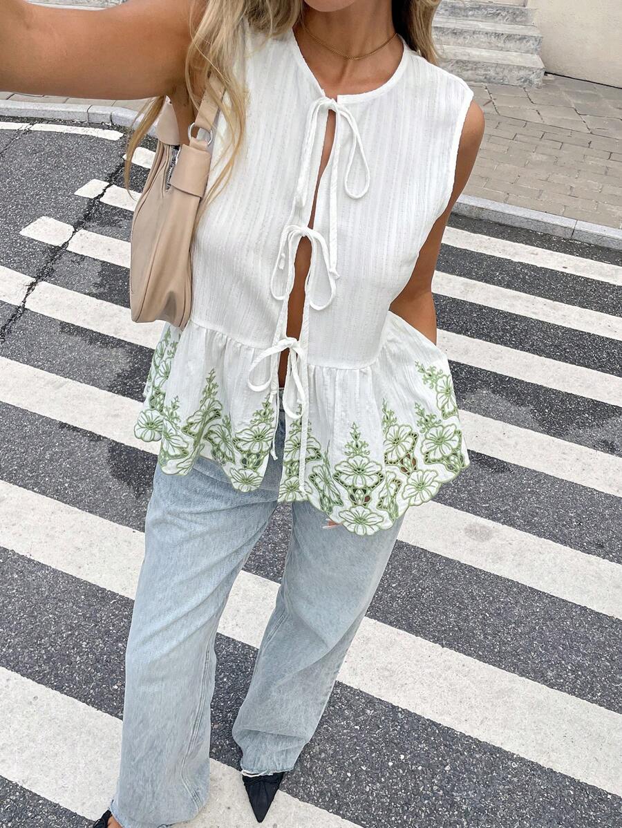 SHEIN Frenchy Women's Embroidery Ruffle Hem Tie Front Sleeveless Blouse Top Summer White Casual - White - View 1