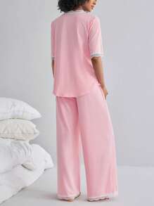 BloomMama Maternity Short Sleeve Nursing Pajama Set 2 Pack With Lace&Button,Lounge Set Fashion Sleepwear