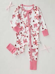 婴幼儿女孩粉色蝴蝶结印花长袖拉链前开襟连体无脚连体衣家居服，舒适贴身