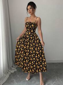 Elenzga Elegant Bohemian Vacation Ruched Tie-Up Bow White Bottom Blue Floral Pattern Midi Dress For Women - Black and Yellow - View 3