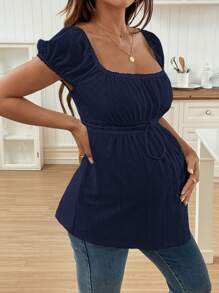 SHEIN Áo thun nữ mùa hè cổ vuông tay raglan trơn màu có họa tiết jacquard nhún bèo - Màu xanh hải quân - Xem 3