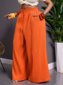 SHEIN CURVE+ Pantalones anchos de cintura alta con textura naranja para mujer talla grande, pantalones bohemios de playa, curvas plus, boho vacaciones, pantalones de verano, campo, vacaciones en la playa, ropa de playa - Naranja - Ver 6