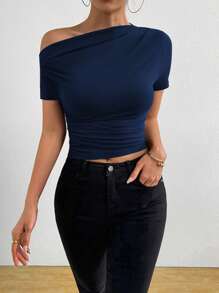 Elenzga Women's Solid Color Ruched Strappy Slim Fit T-Shirt, Summer - Navy Blue - View 4