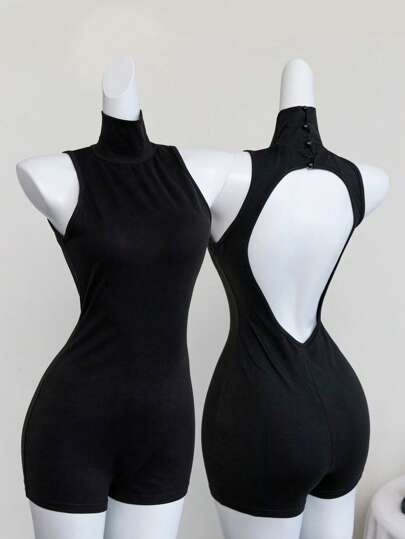 Elamini 黑色露背镂空高领连体裤，超弹柔软舒适瑜伽运动修身连体裤，休闲性感日常居家百搭女装，夏季