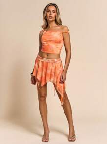 Glamine Women's Summer Floral Burnt Orange Asymmetric Neck T-Shirt & Ruffle Mini Skirt 2-Piece Set,Matrix Street Wear Y2k Dance Vacation Holiday Outfits Set - Orange - View 1