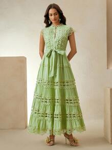 Anewsta 纯色优雅蕾丝拼接无袖连衣裙，适合夏季、海滩、度假、休闲等场合 - 綠色 - 查看 5