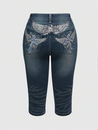 J-Fashion Jeans a vita alta aderenti con dettagli in ricamo a croce e ali, lunga 7/8 per le donne, in stile vintage Y2K