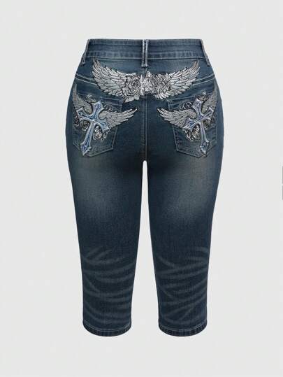 J-Fashion Jeans a vita alta con dettagli ricamati a croce, strass e vita aderente a zampa d'elefante 7/8 in stile vintage Y2K per donne