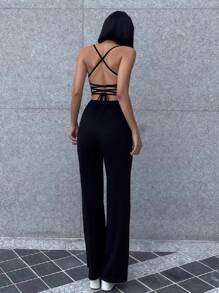 INAWLY Women's Backless Strap Black Jumpsuit, Sexy & Slim Fit - Black - View 2