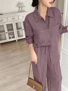 DAZY 2pcs/Set Women Solid Color Shirt & Wide Leg Pants,Fall Clothes