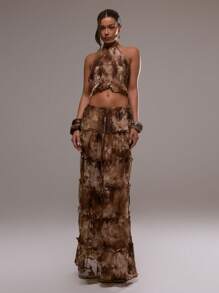 MUSERA Chân váy maxi xếp tầng bằng vải lưới in họa tiết, thắt eo, thích hợp cho kỳ nghỉ hè ở Ibiza, phong cách dễ thương, lãng mạn, lễ hội, đi biển. - Nhiều màu - Xem 2