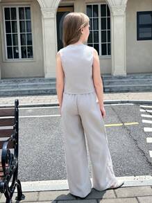 SHEIN Serisse Kids 少女優雅辦公風金屬扣飾不對稱領無袖西裝外套與寬腿長褲兩件套 - 杏色 - 查看 2