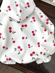 SHEIN EZwear 女士休闲可爱百搭全印花樱桃图案连帽衫，适合春假、度假和沙滩装 - 彩色 - 查看 7