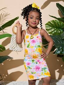 Vestido de tirantes de punto con estampado floral menudo para niña