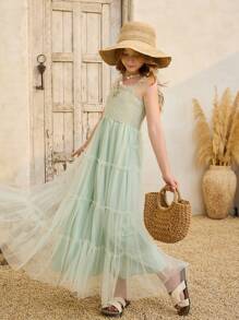 SHEIN Tween Girls Vacation Casual Mesh Cami Dress - Dusty Blue - View 1