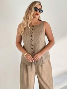 Auralis Ținute vintage de vară pentru profesoare, mărimi mari, casual, elegante, pentru navetiști, casual, pentru serviciu, haine de lucru, haine de birou, ținute de biserică, ținute de aeroport, ținute elegante, ținute de lucru, seturi de lenjerie pentru femei, set de două piese, vestă cu dungi, top cu nasturi și pantaloni largi. - Multicolor - Vizualizare 4