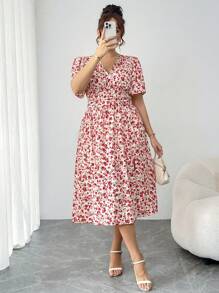 SHEIN Clasi Plus Size Women's Summer Vacation Ditsy Floral V-Neck Ruched High Slit Maxi Dress  Graduation Dress Wedding Guest Dress Women Vacation Outfits Woman  Sundress Festival Birthday Dresses For Women