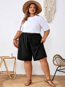 SHEIN CURVE+ Plus Size Women's Black Drawstring Waist Pockets Casual Country Linen Summer Shorts, Spring Vacation Summer/Country/Beach