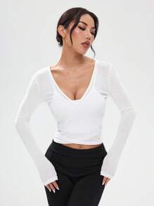 Solid V-Neck Sheer Long Sleeve Athletic T-Shirt, Summer - White - View 5