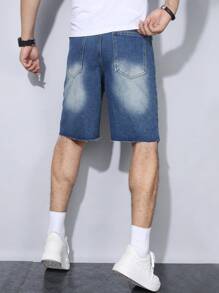 Manfinity LEGND Pantalones cortos de mezclilla con efecto desteñido, bloque de color, bolsillo, borde deshilachado y cordón en la cintura para hombres