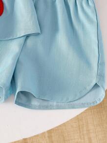 Baby Mädchen Sommer Casual Niedlich Kirsche Besticktes Tanktop In Denim-Optik Und Shorts In Denim-Optik Set