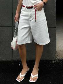 SHEIN x PRISCILA & JIMENA DAZY Women's Casual Loose Fitting Mid-Thigh Length Denim Shorts With Pockets - White - View 2