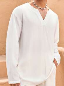 Manfinity BRENVOR Men's Casual Woven Long Sleeve Open Front Shirt, Suitable For Summer, Fall Katseye Linen
