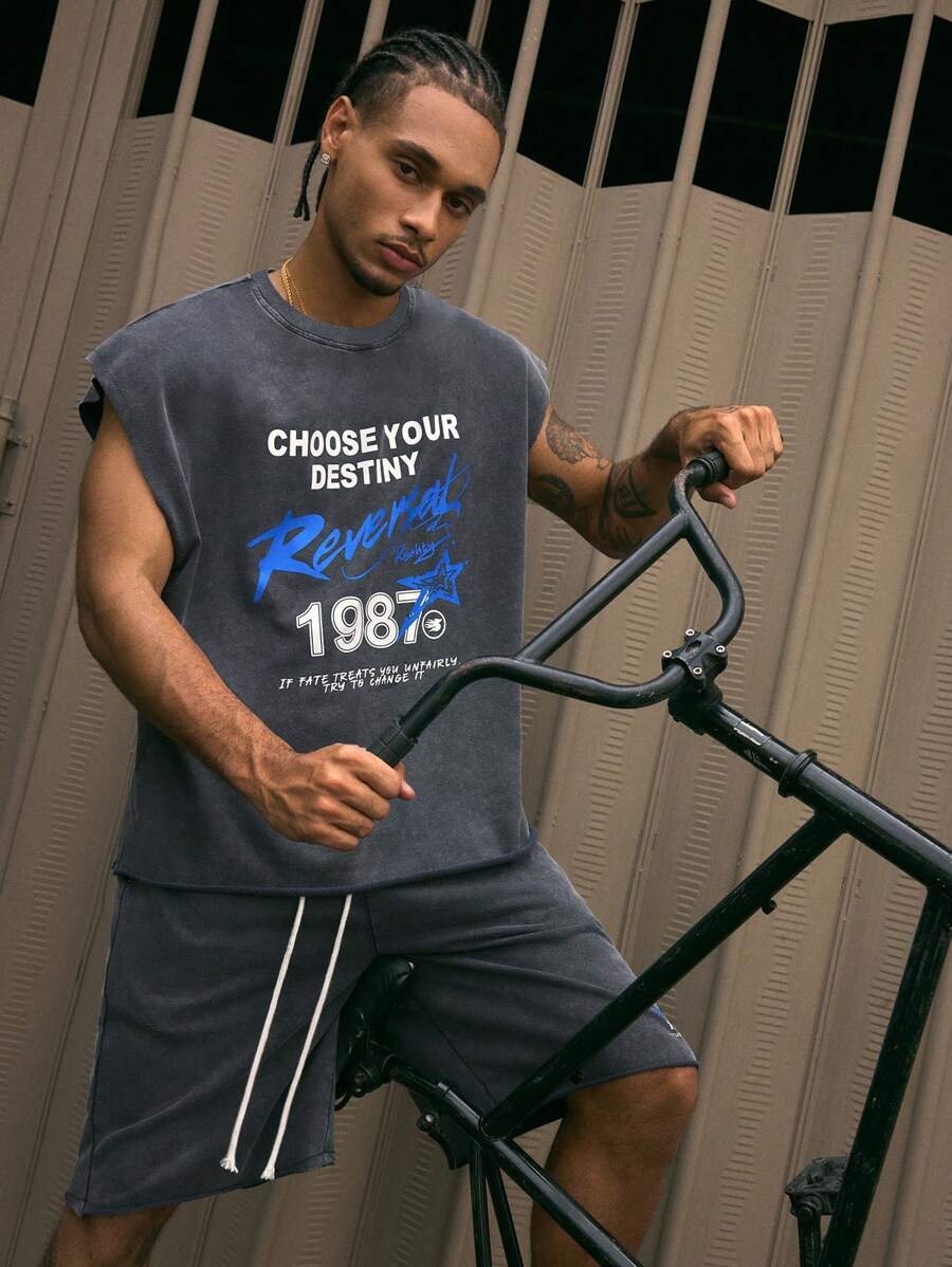 AXEPEAK 2pcs/Set Men's Loose Fit Round Neck Sleeveless Printed Tank Top & Drawstring Printed Shorts, School, Streetwear Edition - Grey - View 1