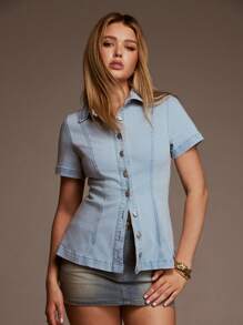 SHEIN Forever 21 Áo sơ mi denim tay ngắn cài nút phía trước thường ngày dành cho nữ - Màu xanh nhạt - Xem 4