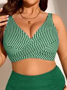 Swim Lushoire 1 件大码女式条纹印花休闲时尚泳装上衣 - 墨綠色 - 查看 1