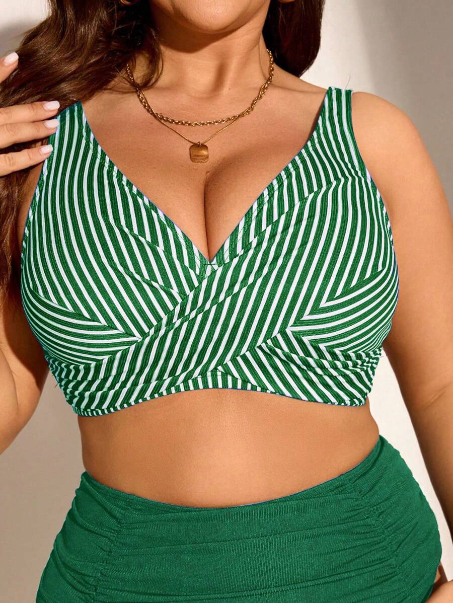 Swim Lushoire 1 件大码女式条纹印花休闲时尚泳装上衣 - 墨綠色 - 查看 1