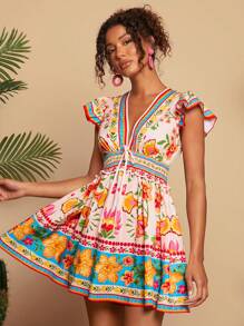 Travachic Pink Floral Summer Boho Mini Dress,Woven Fabric Tea Party Holiday Outfits For Women,Vacation Beachwear,Easter,Spring Break,Concert,Music Festival - Multicolor - View 1