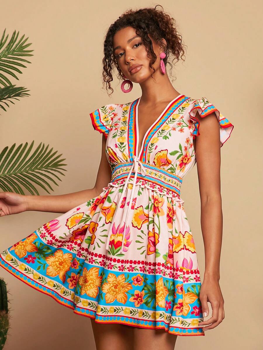 Travachic Pink Floral Summer Boho Mini Dress,Woven Fabric Tea Party Holiday Outfits For Women,Vacation Beachwear,Easter,Spring Break,Concert,Music Festival - Multicolor - View 1