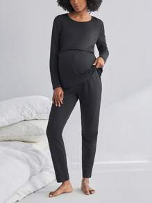 BloomMama 孕妇长袖上衣和裤子哺乳睡衣套装 2 件装，家居服时尚睡衣，秋冬服装 - 黑色 - 查看 1