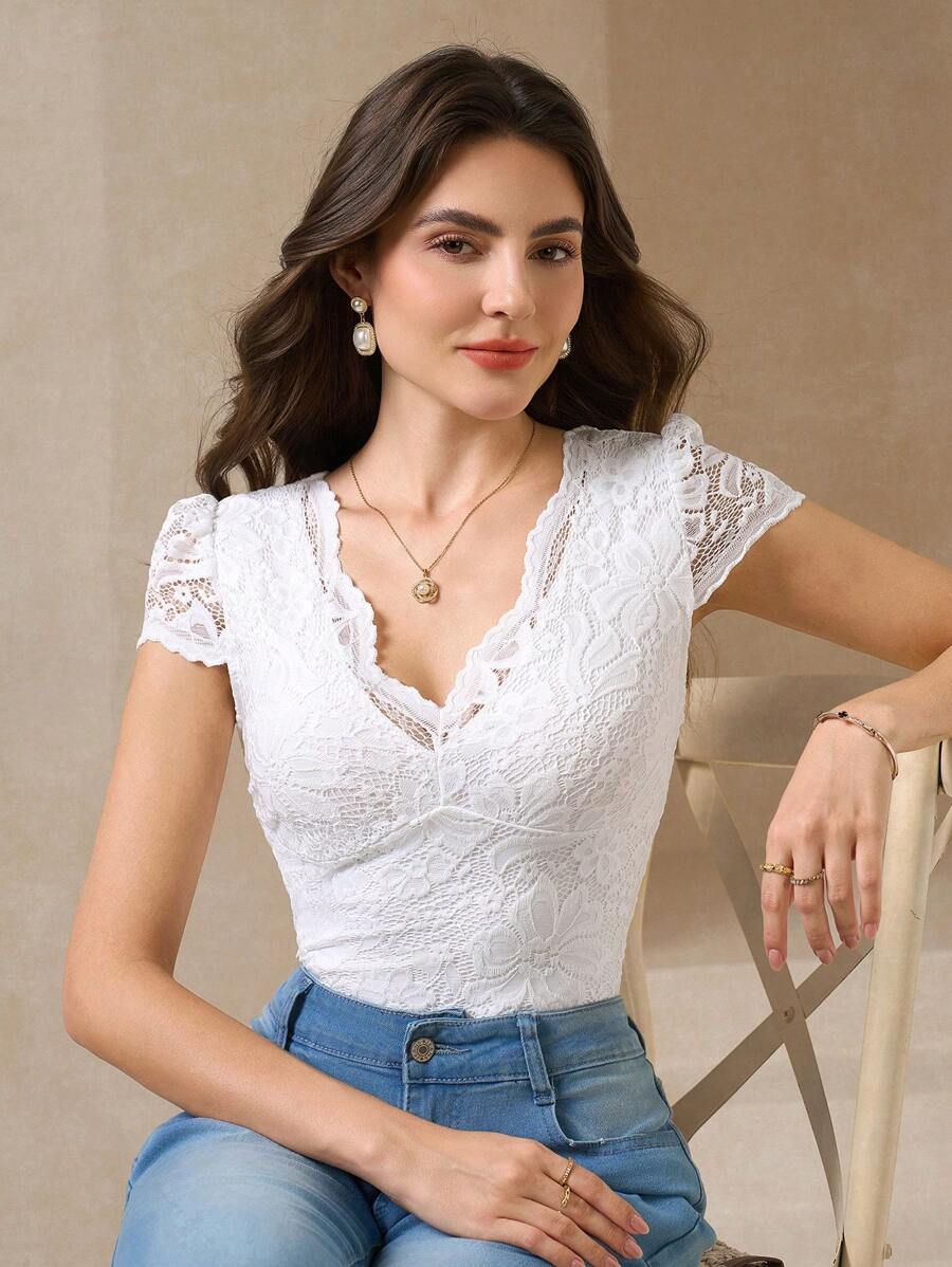 Amorya Solid Lace Bodysuit - White - View 1