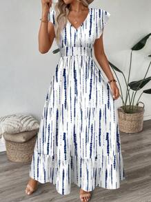 SHEIN LUNE 复古扎染条纹褶皱盖袖收腰荷叶边下摆 A 字长裙，豹纹，女士休闲度假优雅服饰，春夏季度假连衣裙 - 彩色 - 查看 1