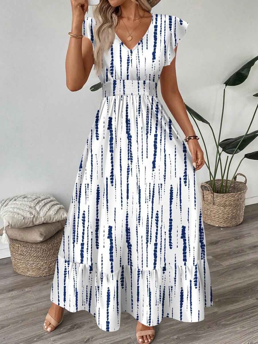 SHEIN LUNE 复古扎染条纹褶皱盖袖收腰荷叶边下摆 A 字长裙，豹纹，女士休闲度假优雅服饰，春夏季度假连衣裙 - 彩色 - 查看 1