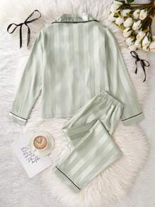 女童睡衣，香槟色条纹长袖开衫和长裤两件套家居服套装 - 綠色 - 查看 2