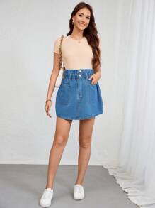 SHEIN 孕妇休闲水洗高腰牛仔裙 - 淺色水洗藍 - 查看 4