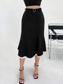 SHEIN SXY Black Color Block Lace Mermaid Skirt, Business Casual,Siren Wind,Office,Work,Summer,Teacher,Old Money Style - Black and White - View 3