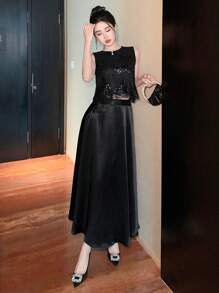 DAZY 两件套女士夏季亮片无袖背心和缎面宽松半裙，优雅都市休闲装，奢华新年女士嘉年华服装 - 黑色 - 查看 6